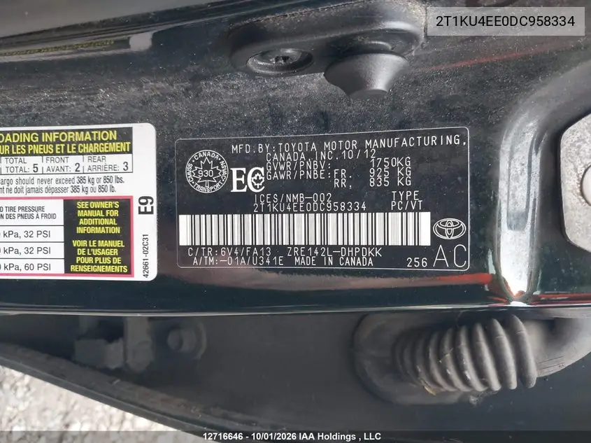 2013 TOYOTA MATRIX VIN 2T1KU4EE0DC958334 — фото 9