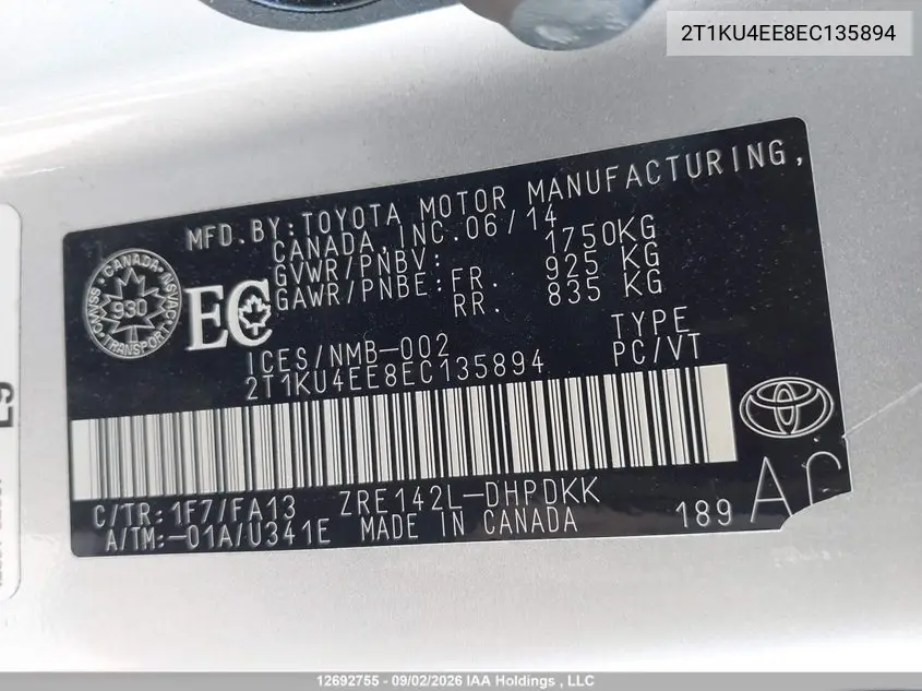 2014 TOYOTA MATRIX VIN 2T1KU4EE8EC135894 — фото 9
