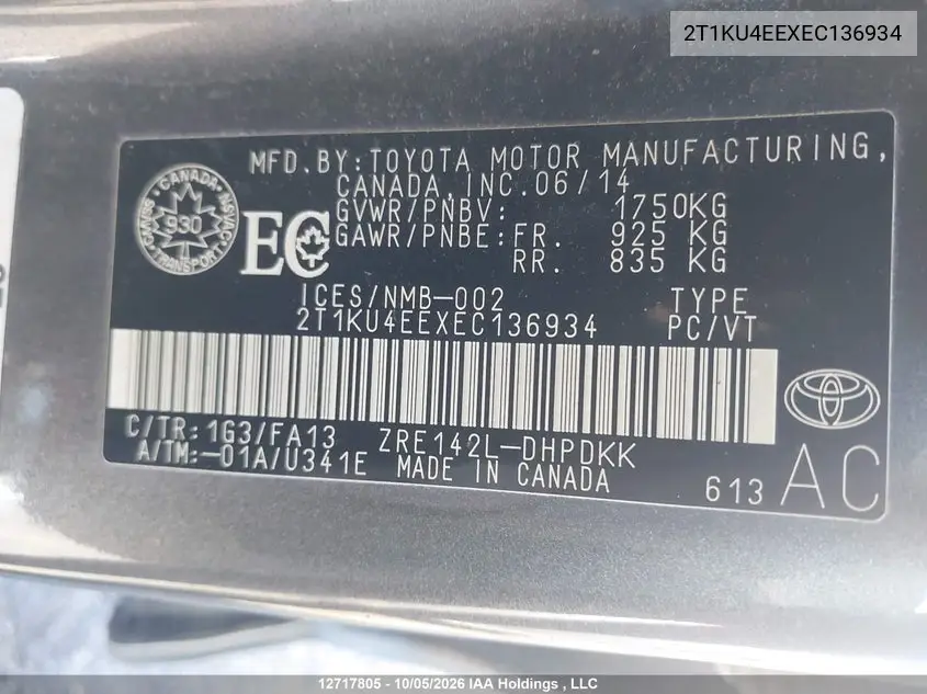 2014 TOYOTA MATRIX VIN 2T1KU4EEXEC136934 — фото 9