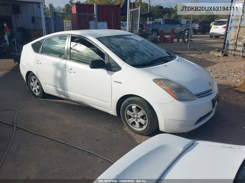 TOYOTA PRIUS 2006, VIN JTDKB20UX63194111