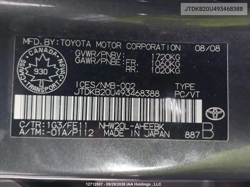 2009 TOYOTA PRIUS VIN JTDKB20U493468388 — фото 9