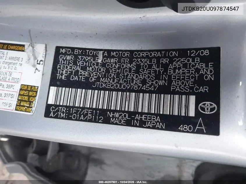 2009 TOYOTA PRIUS VIN JTDKB20U097874547 — фото 9