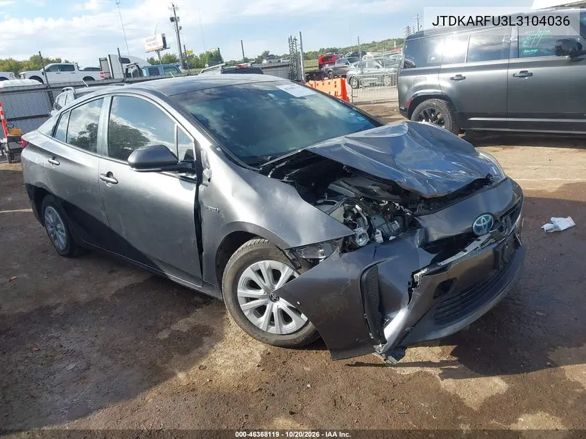TOYOTA PRIUS 2020, VIN JTDKARFU3L3104036