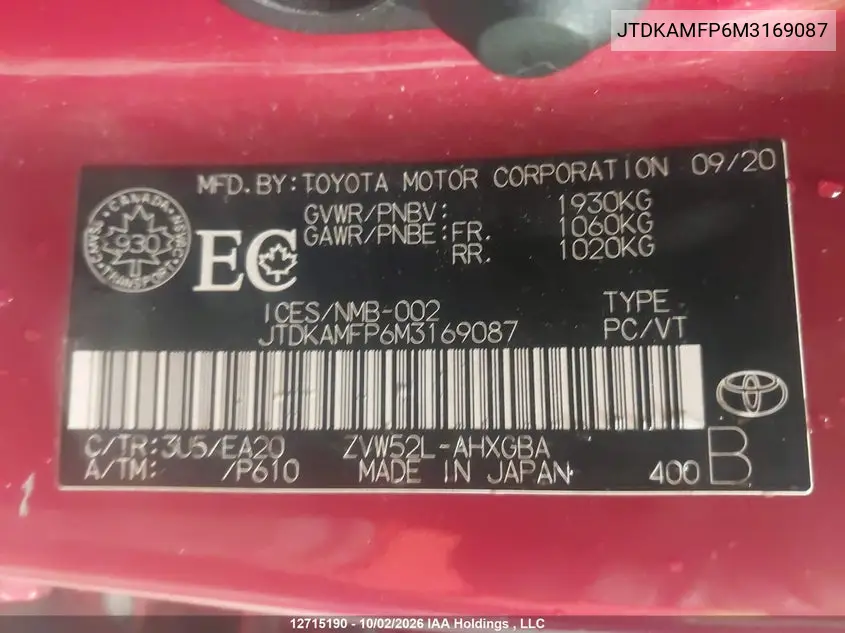 2021 TOYOTA PRIUS VIN JTDKAMFP6M3169087 — фото 19