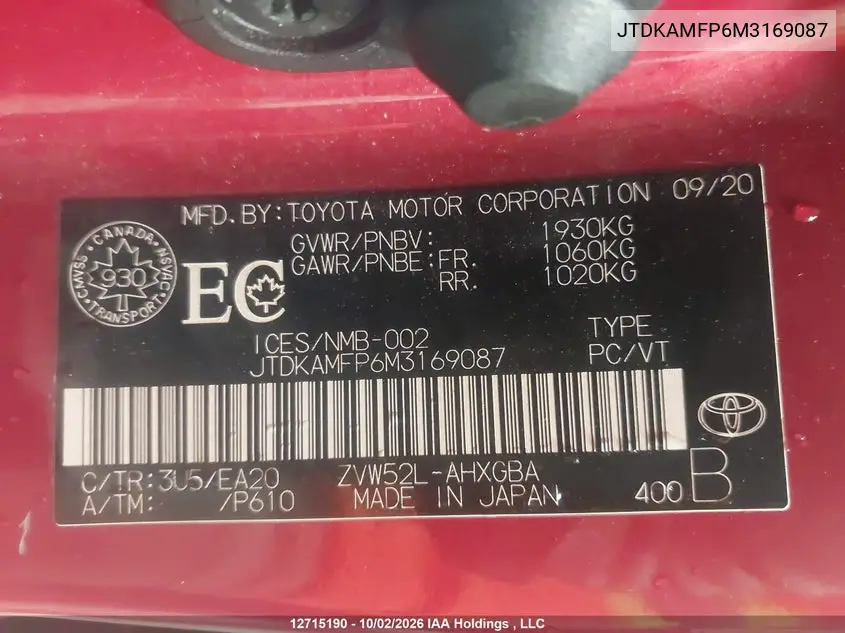 2021 TOYOTA PRIUS VIN JTDKAMFP6M3169087 — фото 9