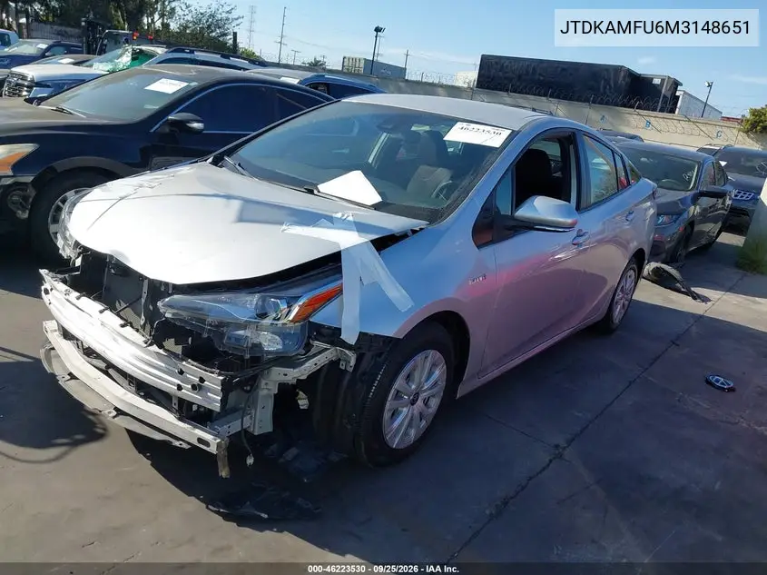 2021 TOYOTA PRIUS VIN JTDKAMFU6M3148651 — фото 2