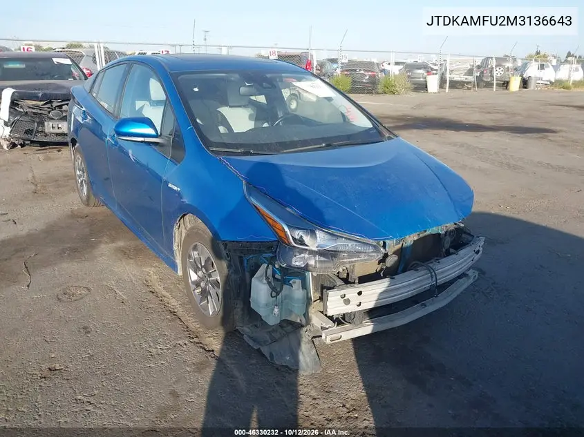 TOYOTA PRIUS 2021, VIN JTDKAMFU2M3136643