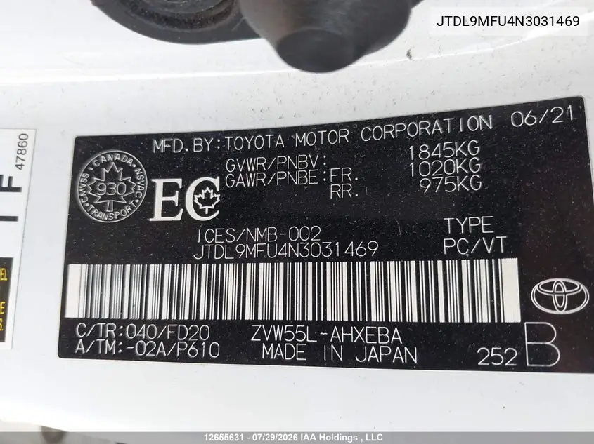 2022 TOYOTA PRIUS VIN JTDL9MFU4N3031469 — фото 9