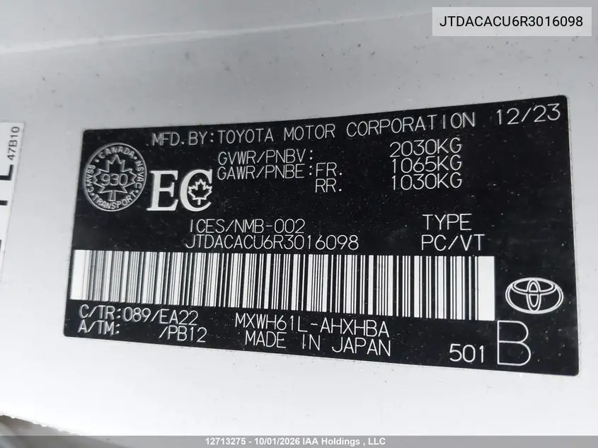 2024 TOYOTA PRIUS VIN JTDACACU6R3016098 — фото 19