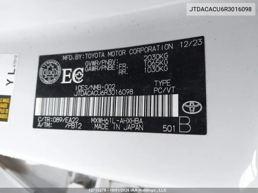 2024 TOYOTA PRIUS VIN JTDACACU6R3016098 — фото 9