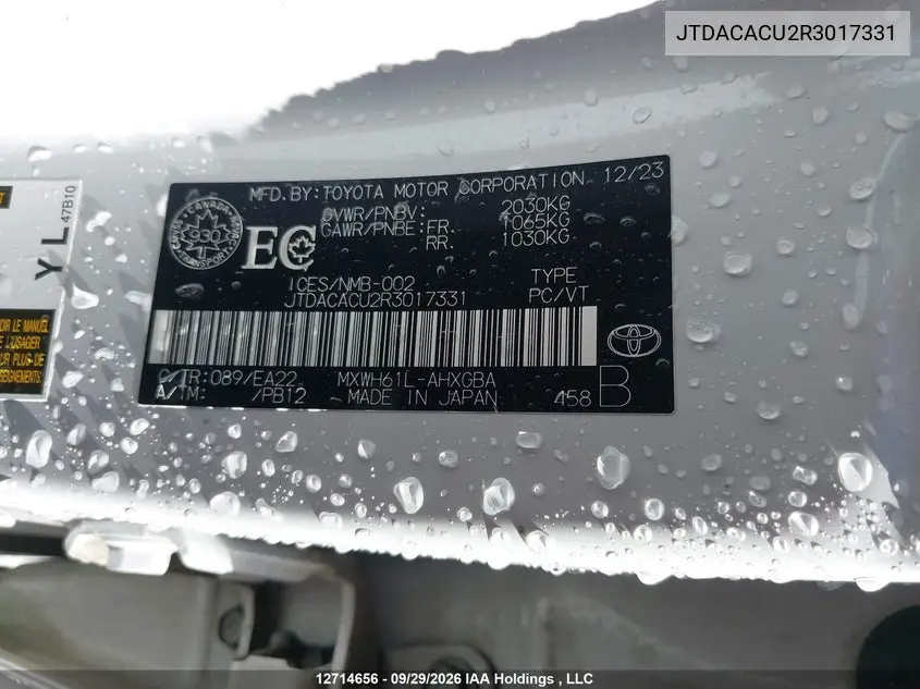 2024 TOYOTA PRIUS VIN JTDACACU2R3017331 — фото 18