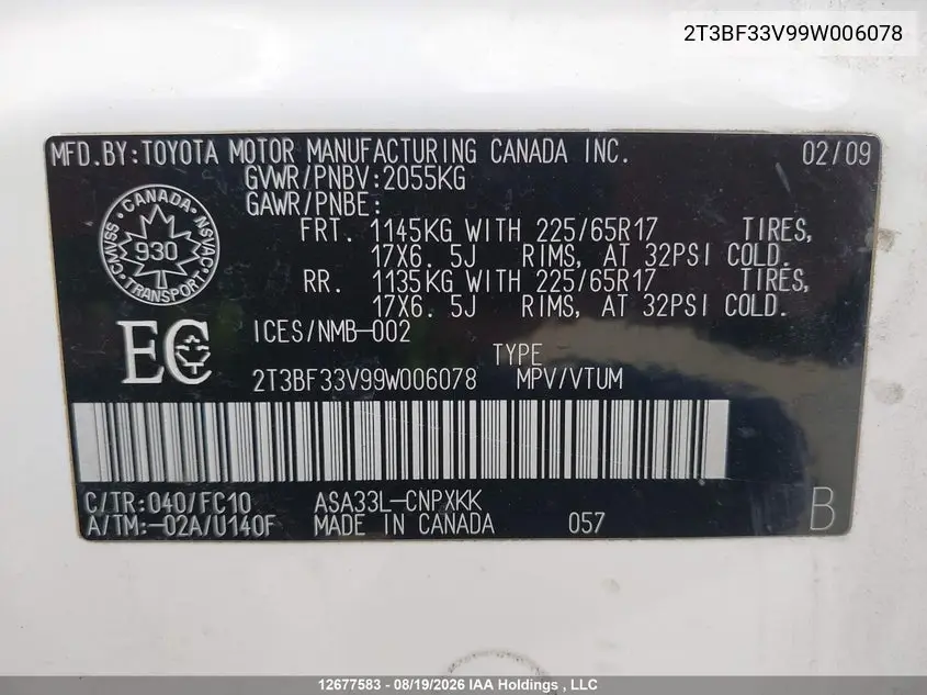 2009 TOYOTA RAV 4 VIN 2T3BF33V99W006078 — фото 9