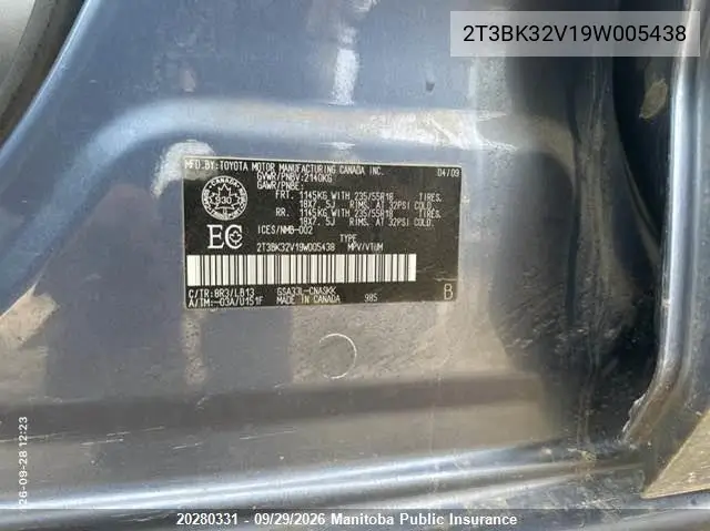 2009 TOYOTA RAV 4 VIN 2T3BK32V19W005438 — фото 9