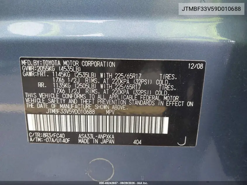 2009 TOYOTA RAV 4 VIN JTMBF33V59D010688 — фото 9