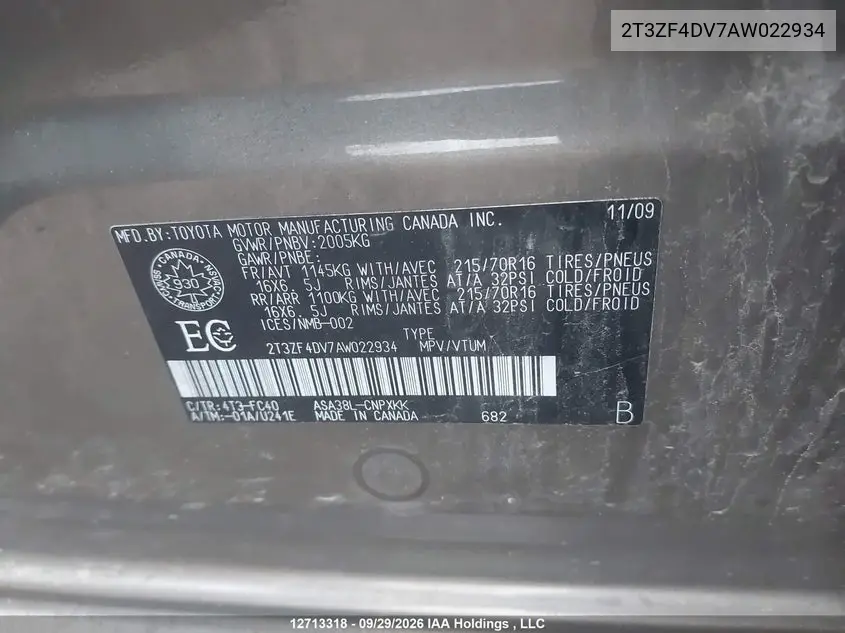 2010 TOYOTA RAV 4 VIN 2T3ZF4DV7AW022934 — фото 9