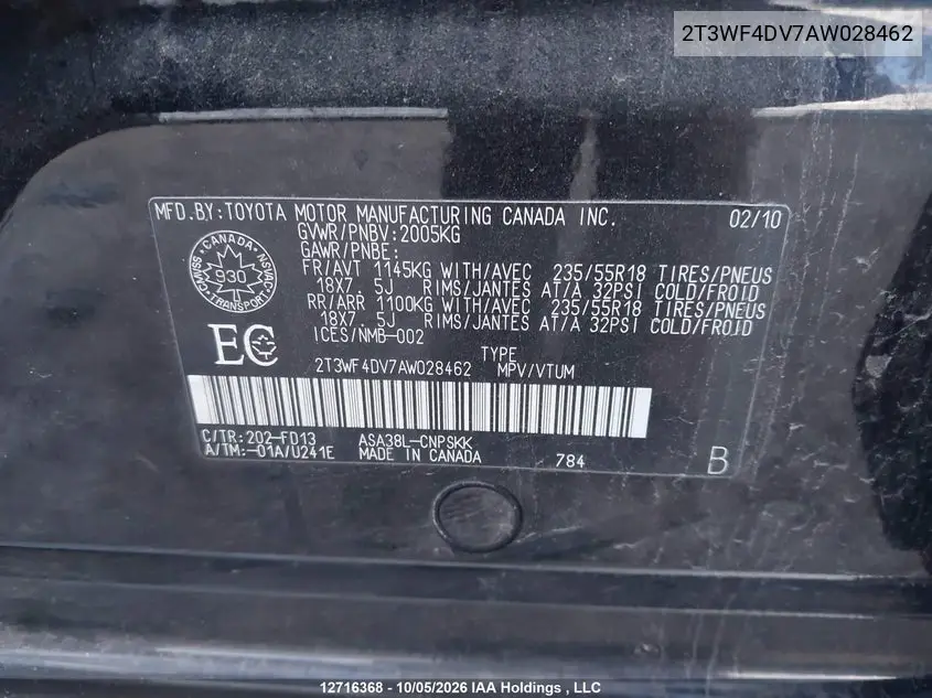 2010 TOYOTA RAV 4 VIN 2T3WF4DV7AW028462 — фото 9