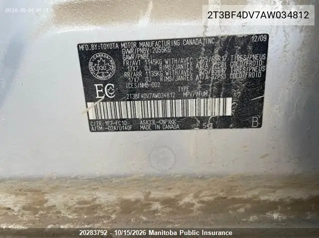 2010 TOYOTA RAV 4 VIN 2T3BF4DV7AW034812 — фото 7