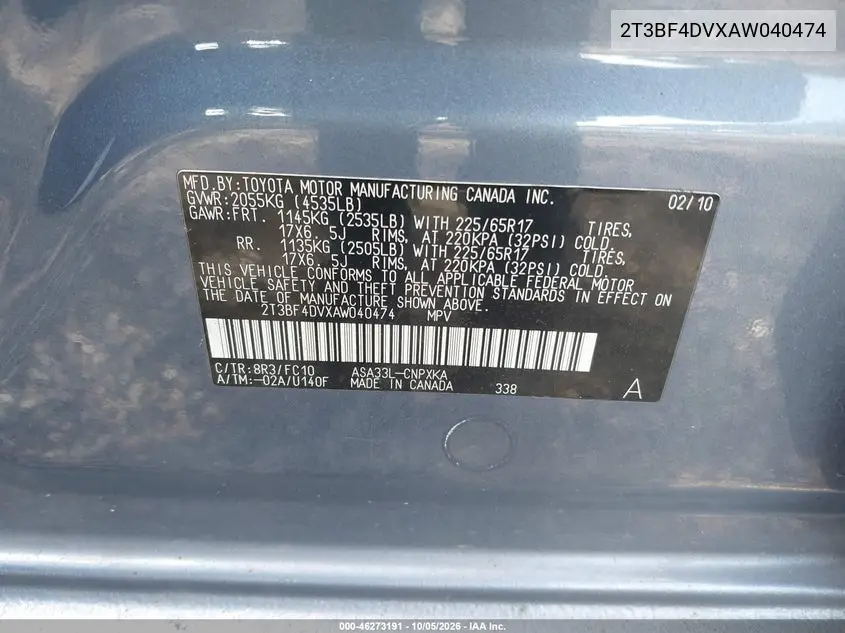 2010 TOYOTA RAV 4 VIN 2T3BF4DVXAW040474 — фото 9