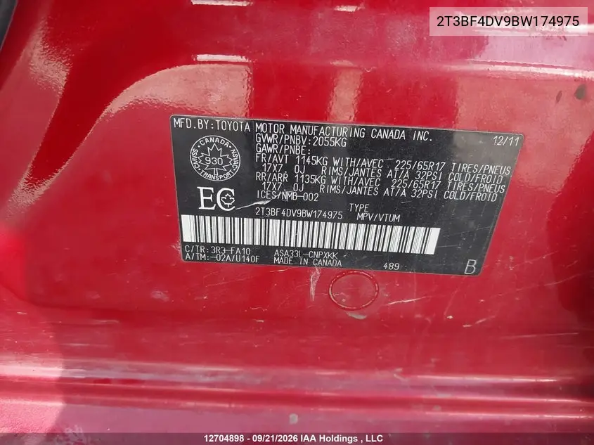 2011 TOYOTA RAV 4 VIN 2T3BF4DV9BW174975 — фото 9