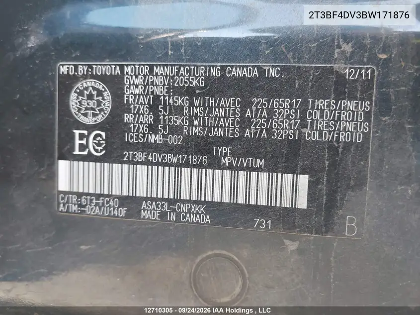 2011 TOYOTA RAV 4 VIN 2T3BF4DV3BW171876 — фото 18