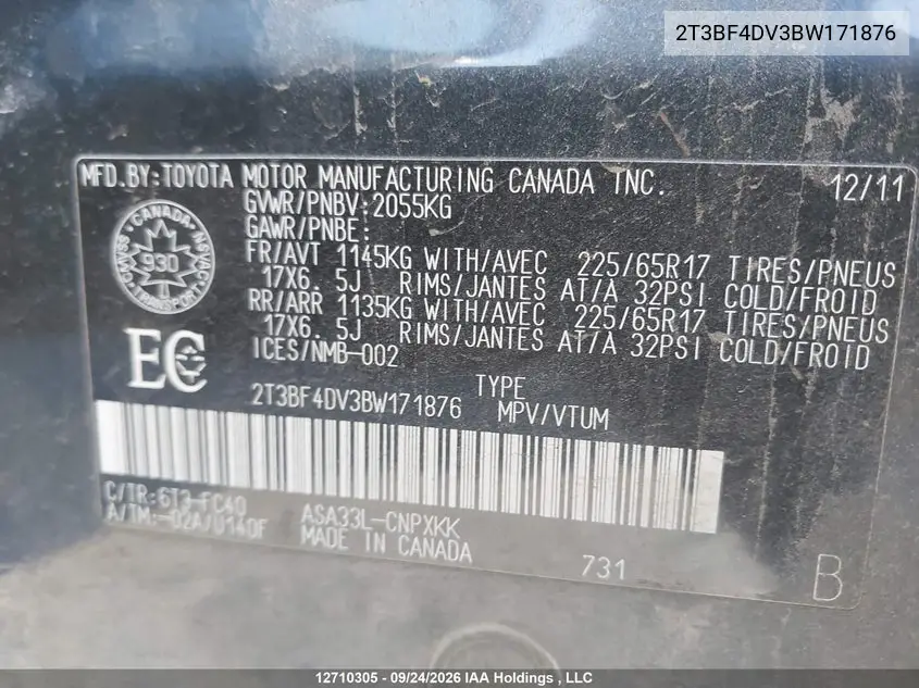 2011 TOYOTA RAV 4 VIN 2T3BF4DV3BW171876 — фото 9