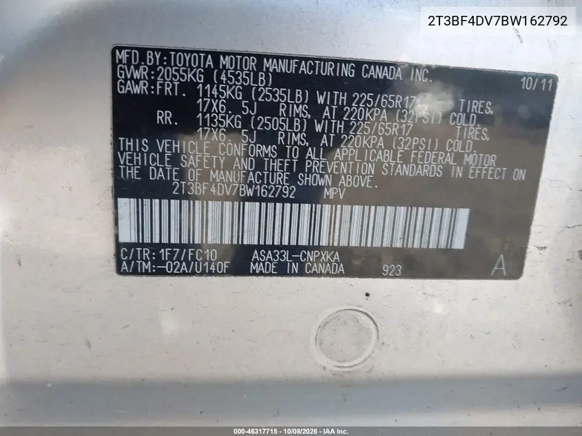2011 TOYOTA RAV 4 VIN 2T3BF4DV7BW162792 — фото 9