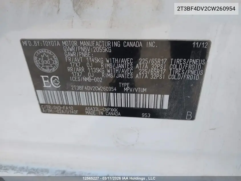 2012 TOYOTA RAV 4 VIN 2T3BF4DV2CW260954 — фото 9