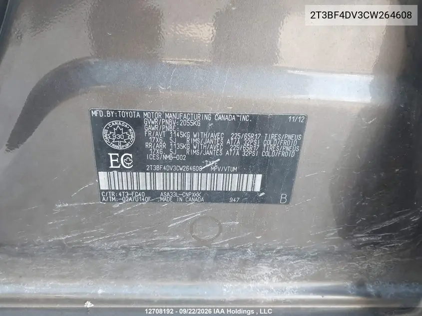2012 TOYOTA RAV 4 VIN 2T3BF4DV3CW264608 — фото 9