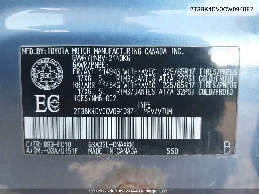2012 TOYOTA RAV 4 VIN 2T3BK4DV0CW094087 — фото 18