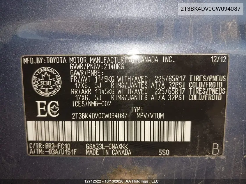 2012 TOYOTA RAV 4 VIN 2T3BK4DV0CW094087 — фото 9