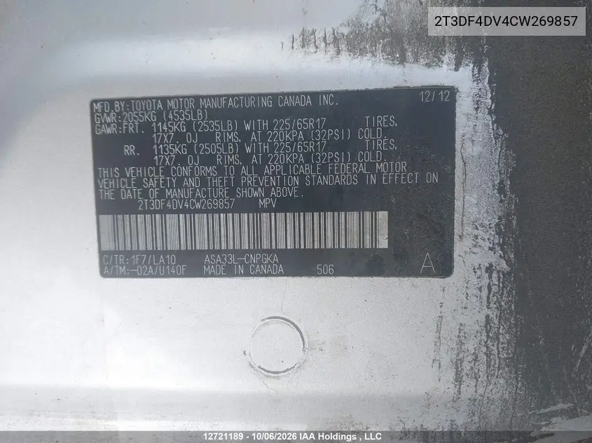 2012 TOYOTA RAV 4 VIN 2T3DF4DV4CW269857 — фото 18