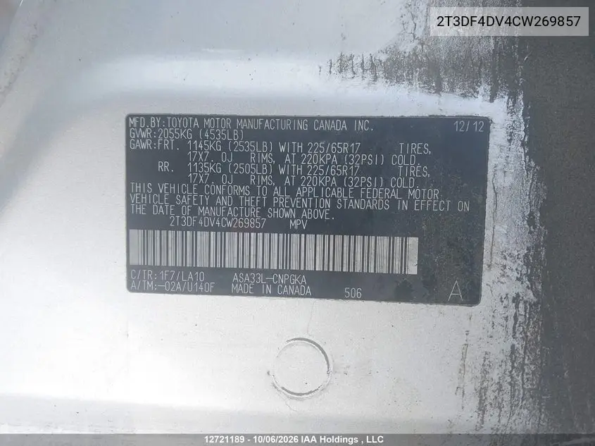 2012 TOYOTA RAV 4 VIN 2T3DF4DV4CW269857 — фото 9