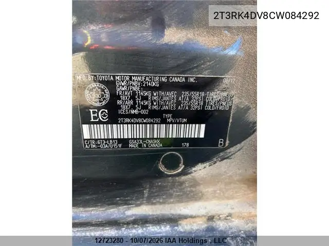 2012 TOYOTA RAV 4 VIN 2T3RK4DV8CW084292 — фото 9