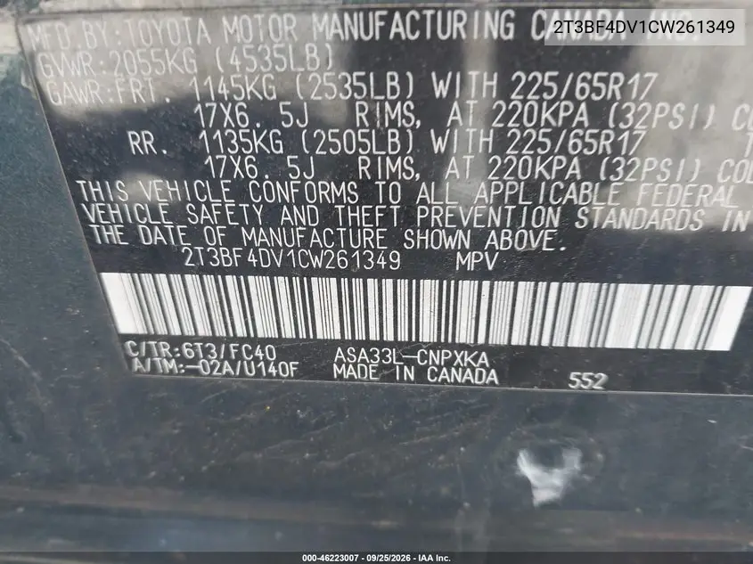 2012 TOYOTA RAV 4 VIN 2T3BF4DV1CW261349 — фото 9