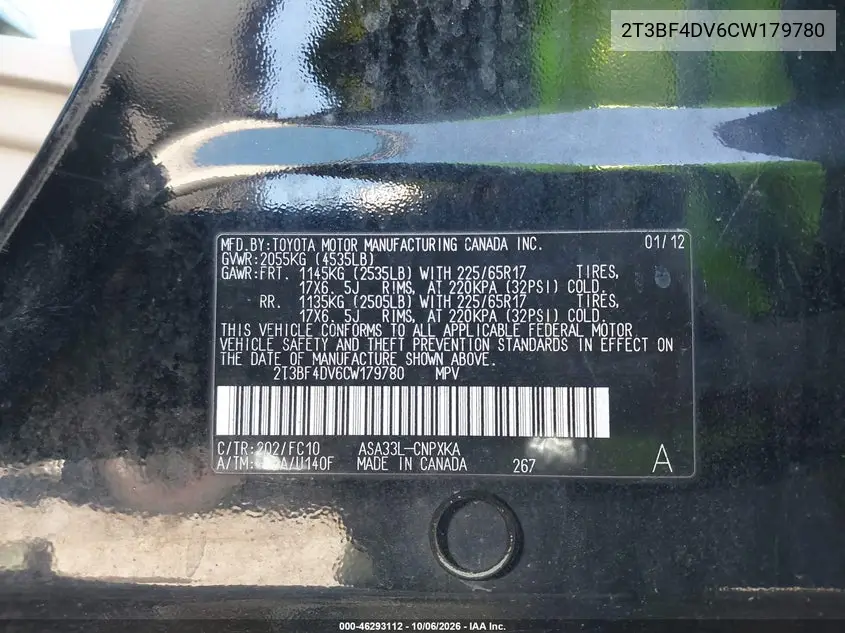2012 TOYOTA RAV 4 VIN 2T3BF4DV6CW179780 — фото 9