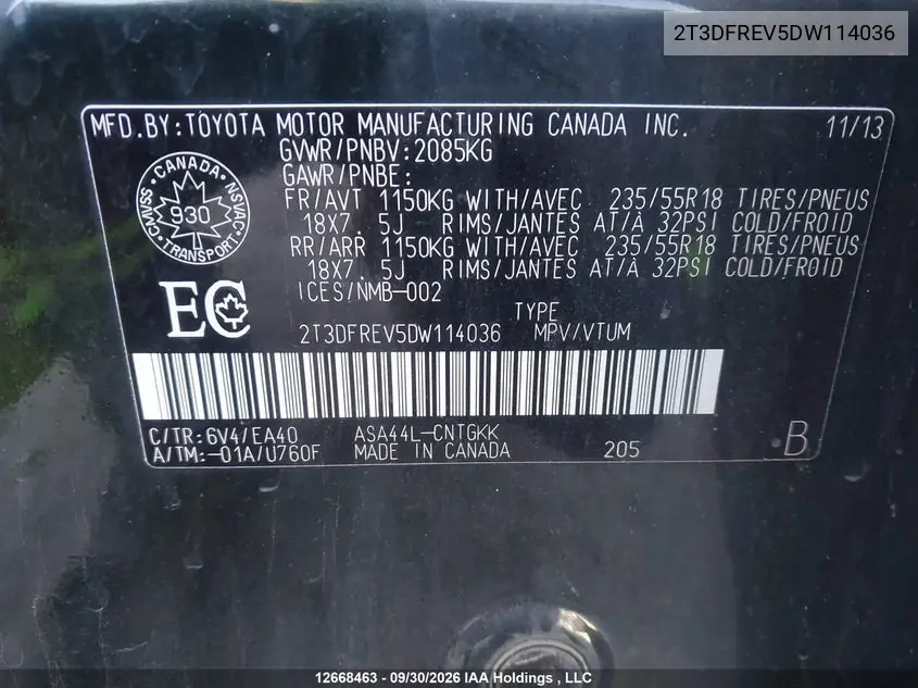 2013 TOYOTA RAV 4 VIN 2T3DFREV5DW114036 — фото 9