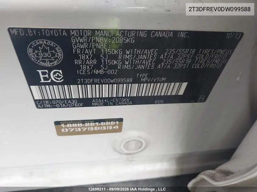 2013 TOYOTA RAV 4 VIN 2T3DFREV0DW099588 — фото 9