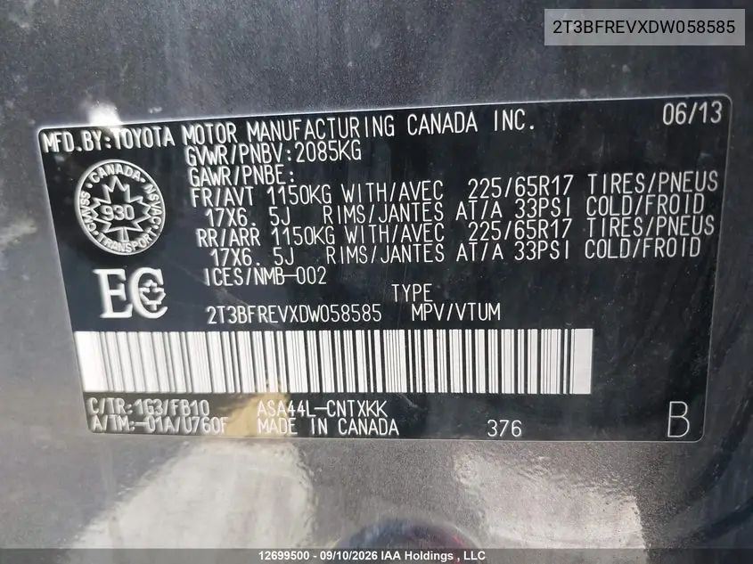 2013 TOYOTA RAV 4 VIN 2T3BFREVXDW058585 — фото 9