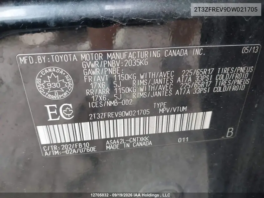 2013 TOYOTA RAV 4 VIN 2T3ZFREV9DW021705 — фото 9