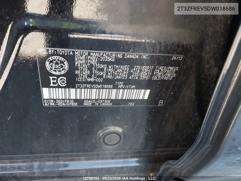 2013 TOYOTA RAV 4 VIN 2T3ZFREV5DW018686 — фото 9