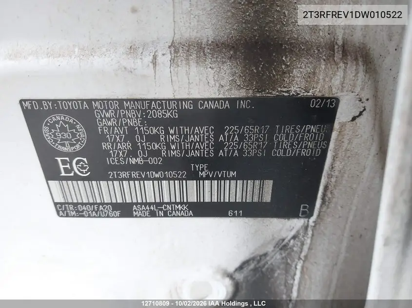 2013 TOYOTA RAV 4 VIN 2T3RFREV1DW010522 — фото 9