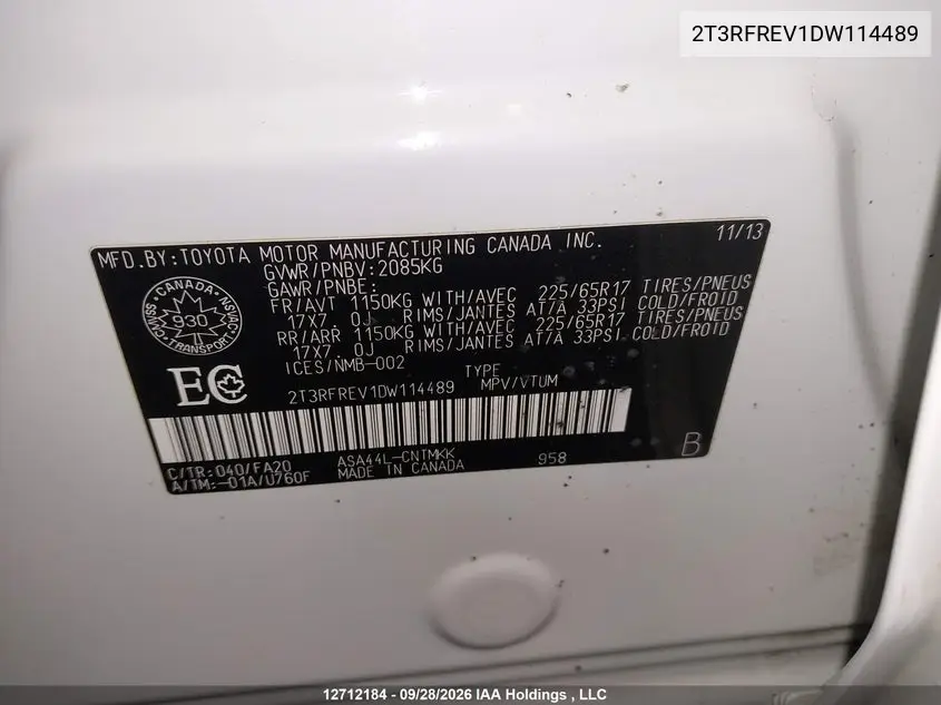 2013 TOYOTA RAV 4 VIN 2T3RFREV1DW114489 — фото 18