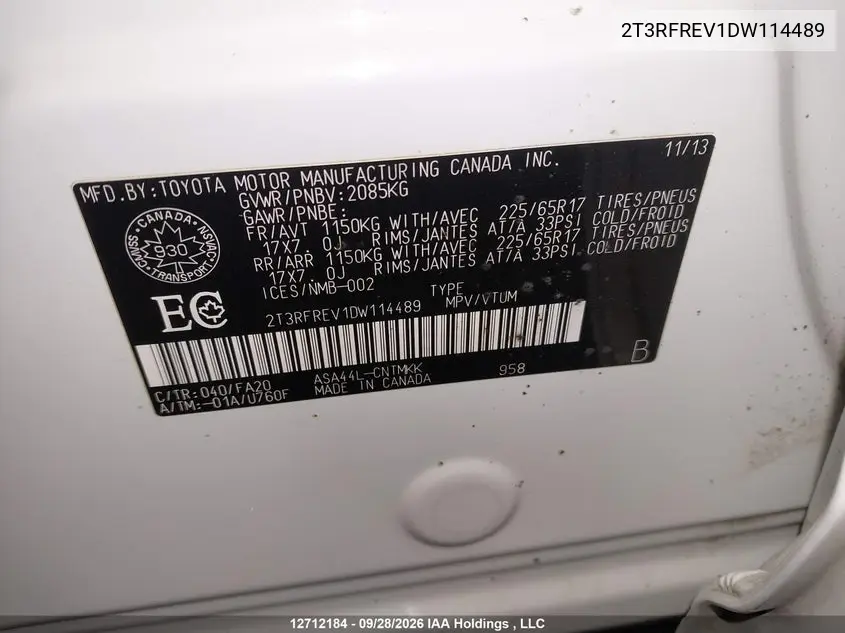 2013 TOYOTA RAV 4 VIN 2T3RFREV1DW114489 — фото 9