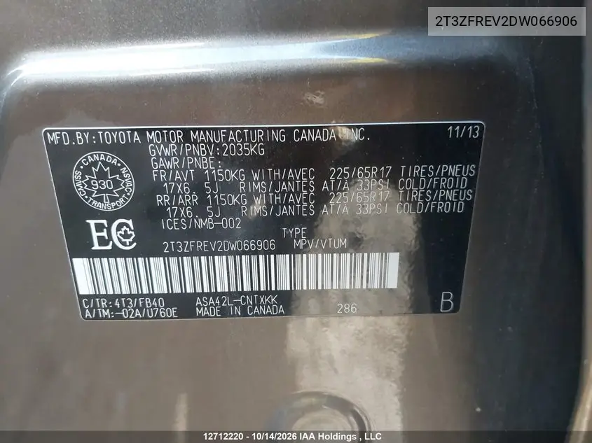 2013 TOYOTA RAV 4 VIN 2T3ZFREV2DW066906 — фото 9