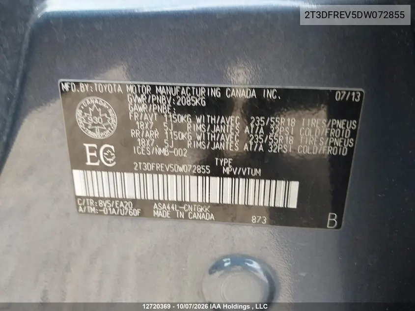 2013 TOYOTA RAV 4 VIN 2T3DFREV5DW072855 — фото 9