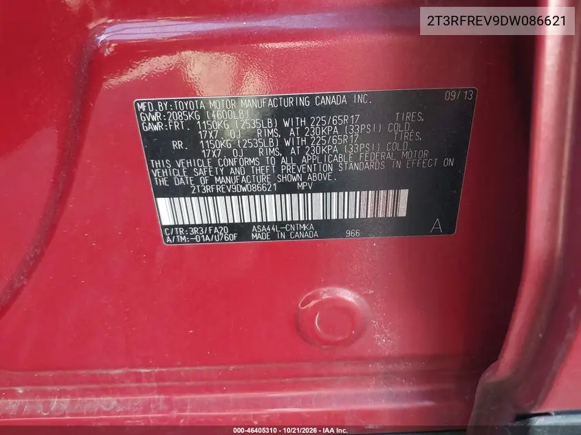 2013 TOYOTA RAV 4 VIN 2T3RFREV9DW086621 — фото 9
