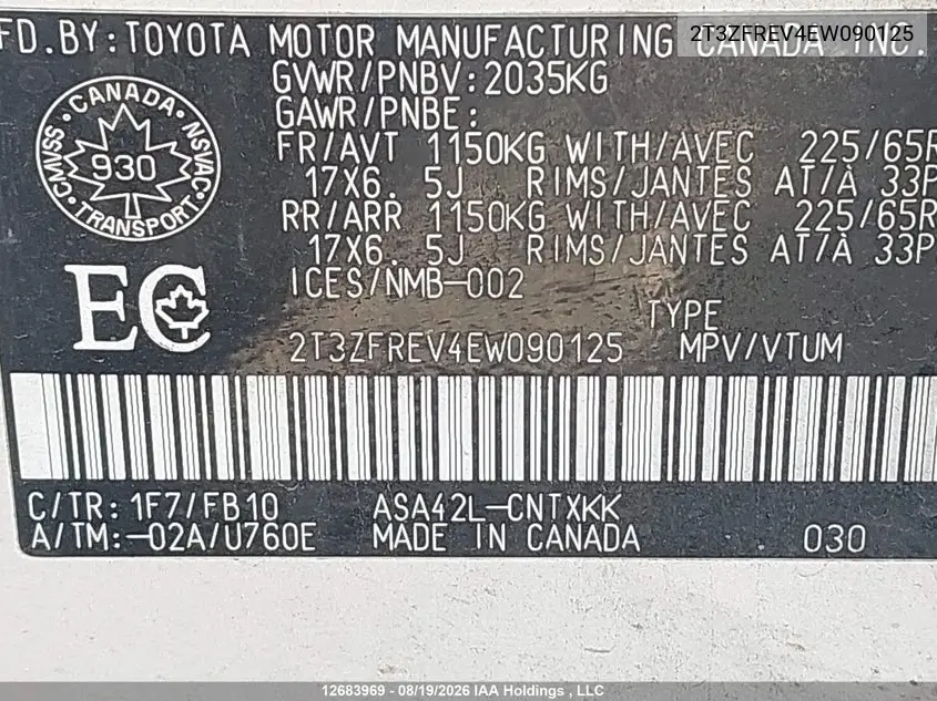 2014 TOYOTA RAV 4 VIN 2T3ZFREV4EW090125 — фото 9