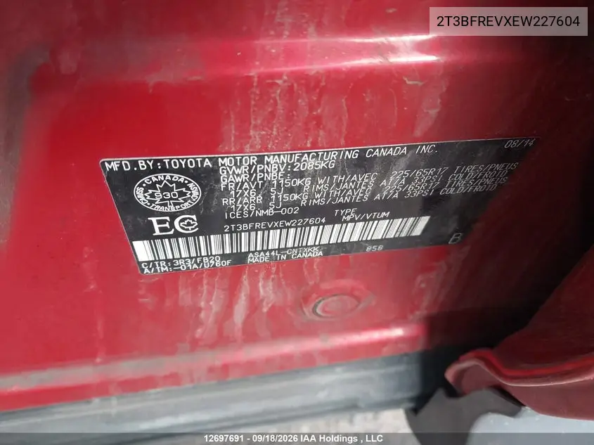 2014 TOYOTA RAV 4 VIN 2T3BFREVXEW227604 — фото 19