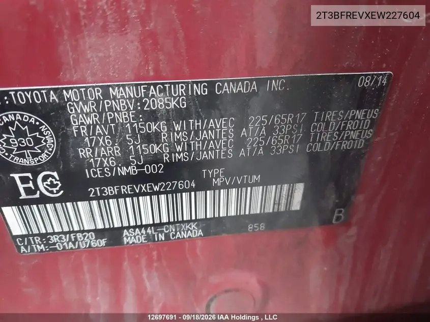 2014 TOYOTA RAV 4 VIN 2T3BFREVXEW227604 — фото 9