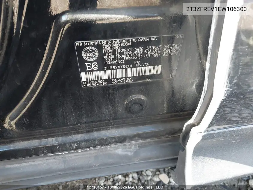 2014 TOYOTA RAV 4 VIN 2T3ZFREV1EW106300 — фото 9
